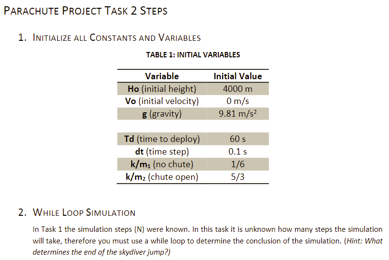MATLAB PROBLEM - [PLEASE DO NOT WRITE ON PAPER] Assignment 5: Parachute