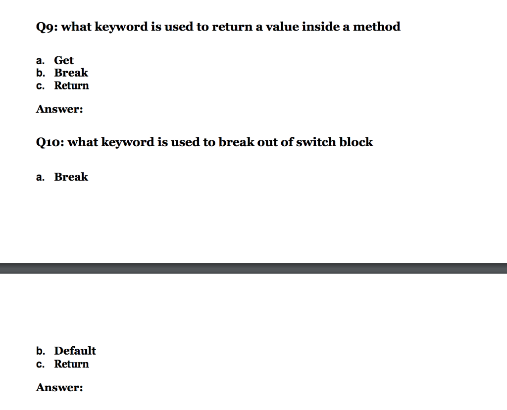 java Q9: what keyword is used to return a value inside a