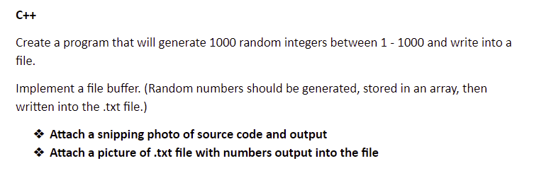  C++ Create a program that will generate 1000 random integers between