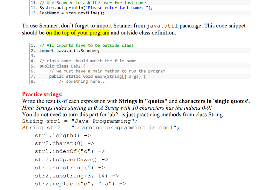 a full name. The program will use methods of class "String" like