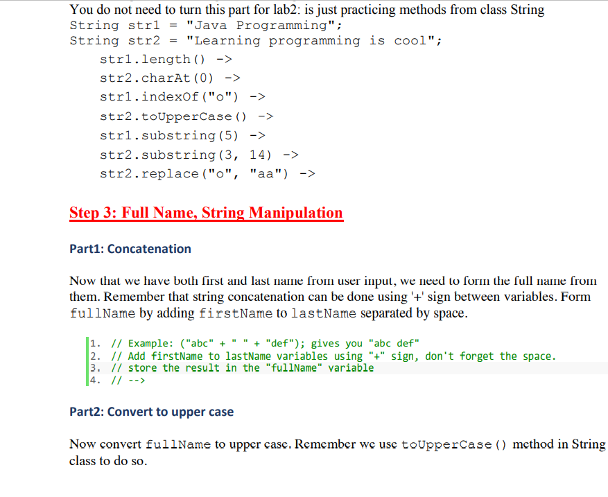 length () and toUpperCase() on the full name and compare strings by