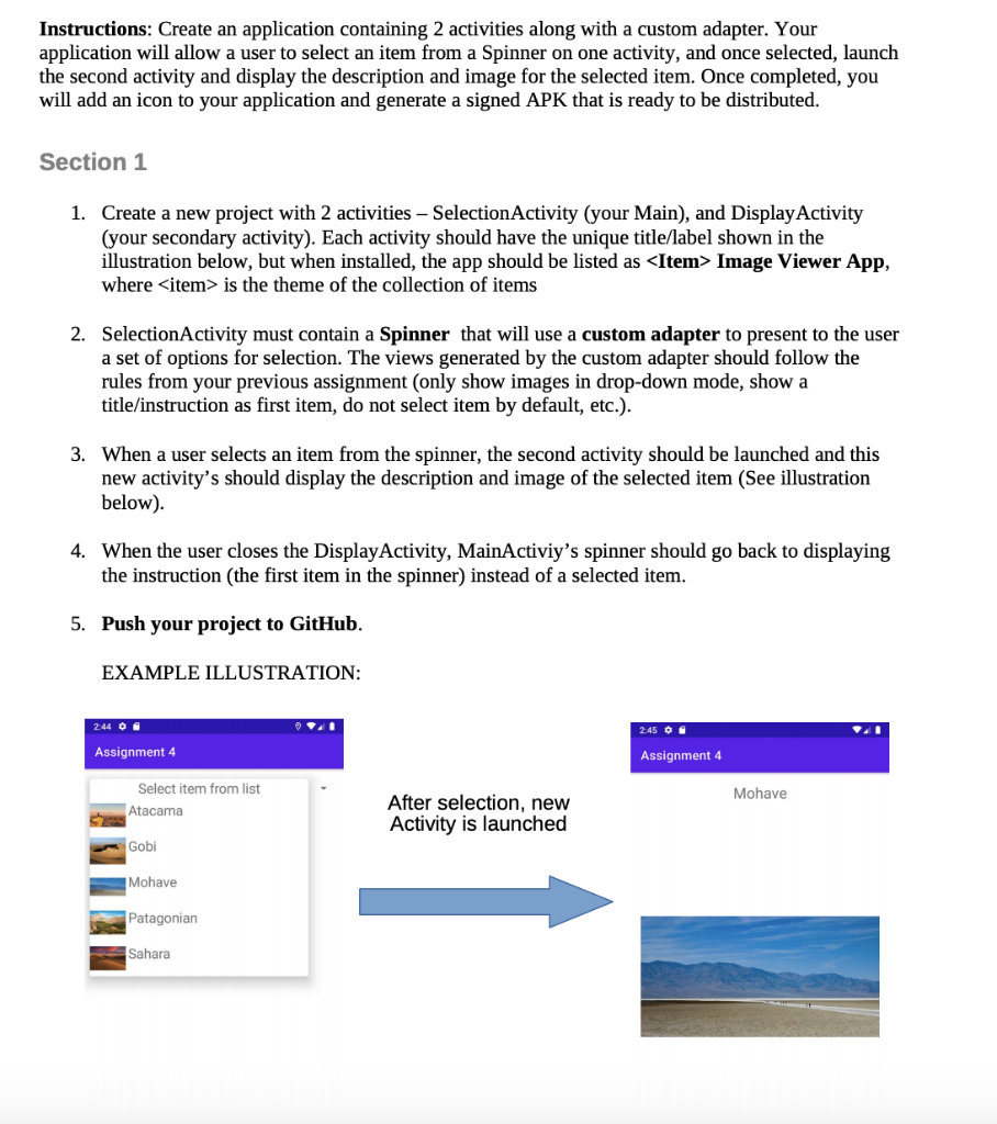 Android Studio: Instructions: Create an application containing 2 activities along with a