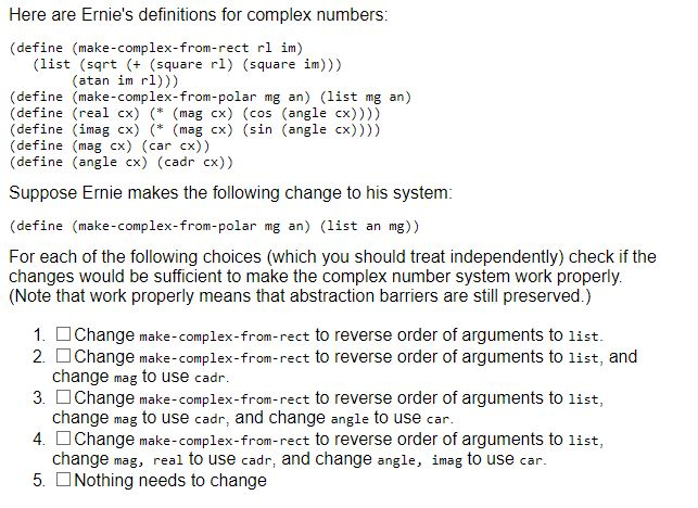 SCHEME LANG. Here are Ernie's definitions for complex numbers (define (make-complex-from-rect rl
