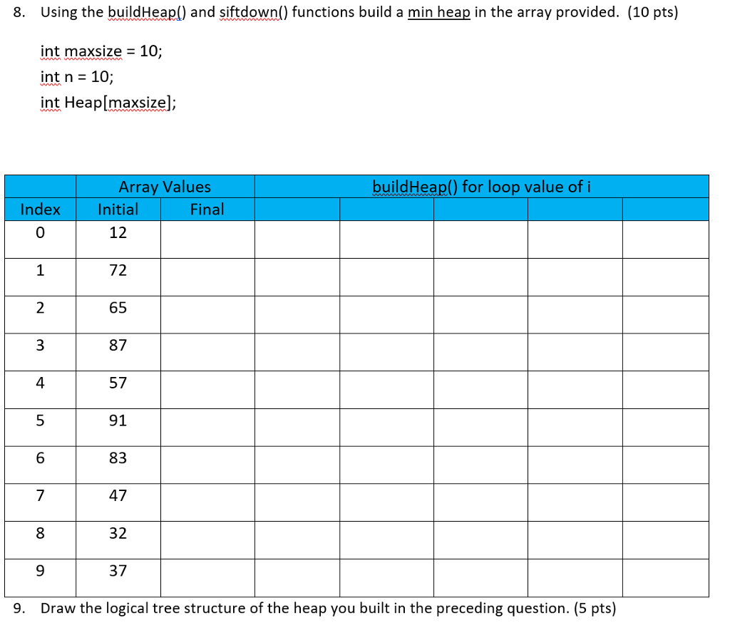 8. Using the buildHeap() and siftdown() functions build a min heap