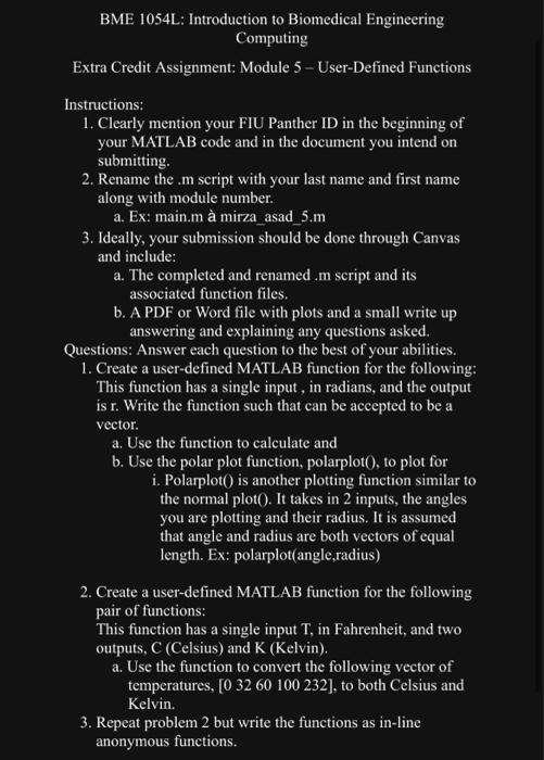  BME 1054L: Introduction to Biomedical Engineering Computing Extra Credit Assignment: Module