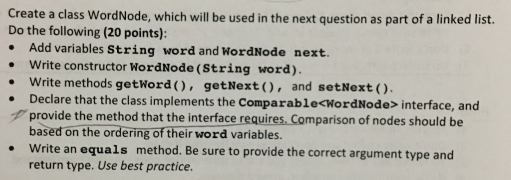 INTRO TO JAVA DATA STRUCTURES COURSE: Create a class WordNode, which will