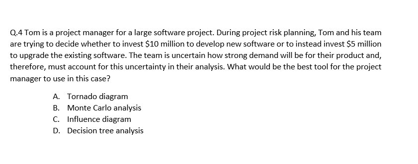 Q.4 Tom is a project manager for a large software project.