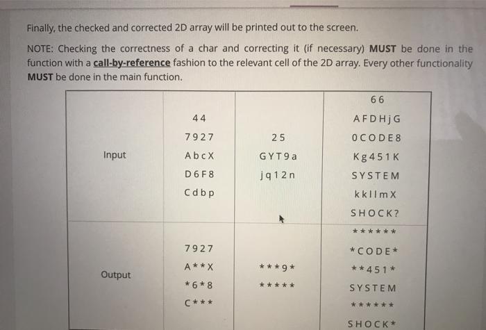 of chars, checks, and corrects each char within this array, and print