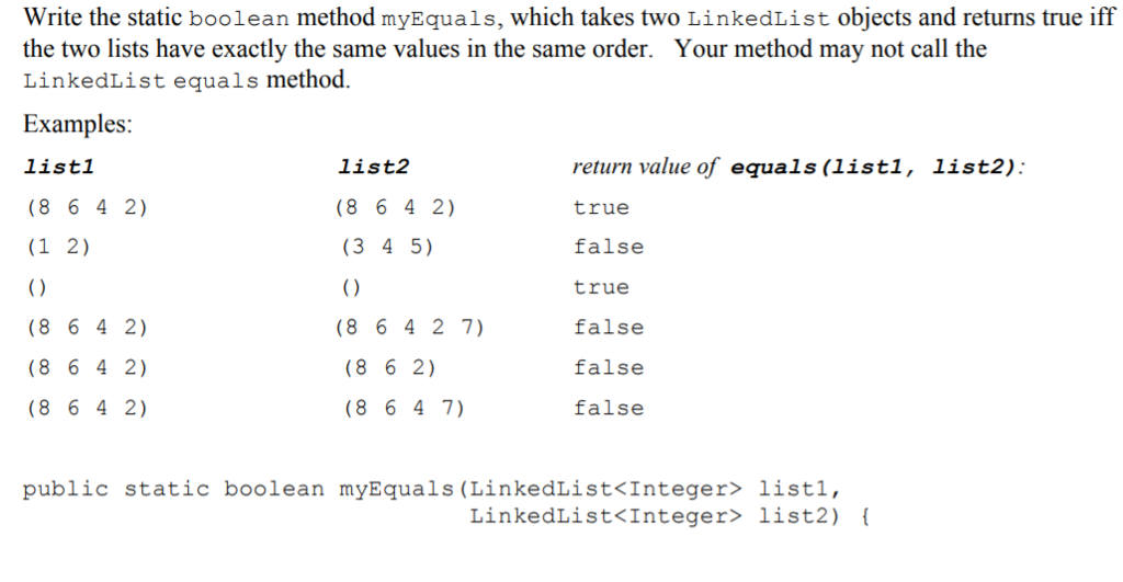 please solve this question using java Write the static boolean method myEquals,