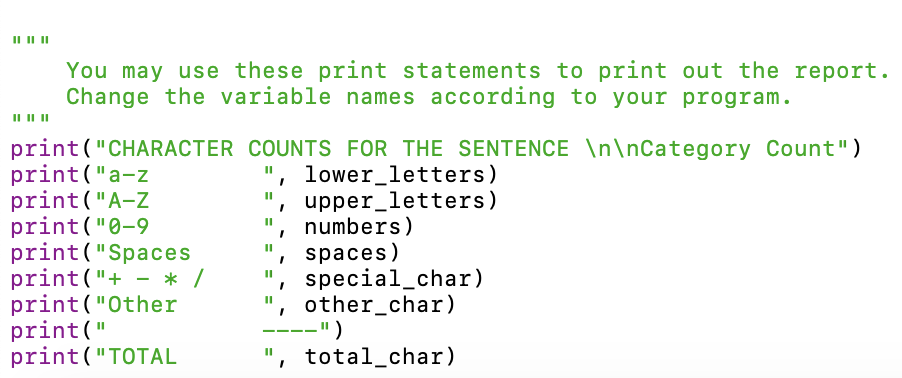 counts the # number of characters in it by category: small letters,