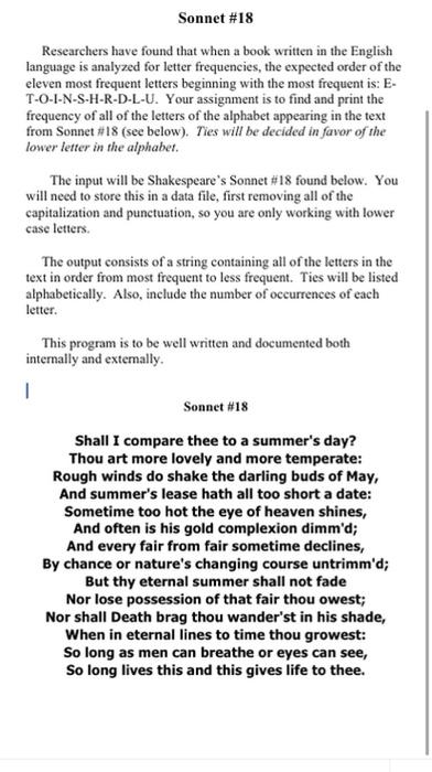 in java language using comments plz Sonnet #18 Researchers have found that