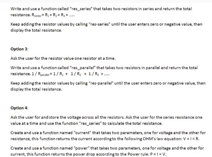 return the user selection with the following options: 1 to calculate the
