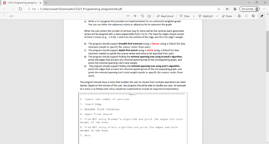CS223 Programming Assignmer X + + Not syncing 1 of 2