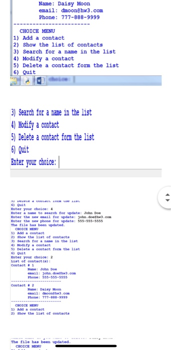 store the contact list in a file named contact.txt Design your program