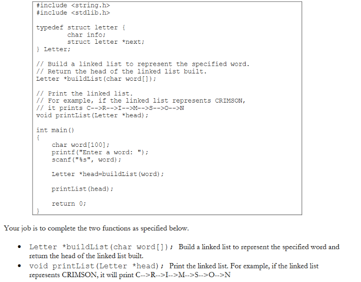 in C please #include #include #include typedef struct letter { char info;
