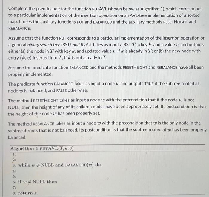  Complete the pseudocode for the function PUTAVL (shown below as Algorithm