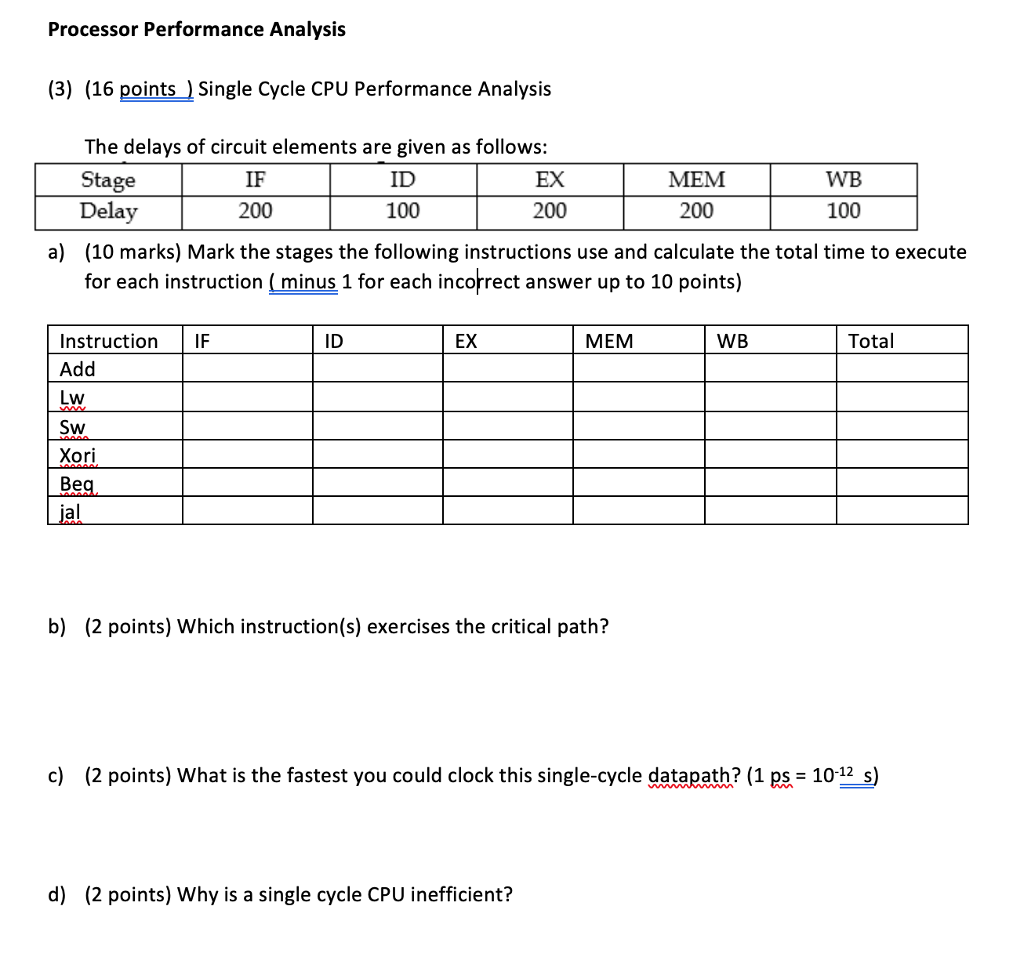 Processor Performance Analysis (3) (16 points ) Single Cycle CPU Performance