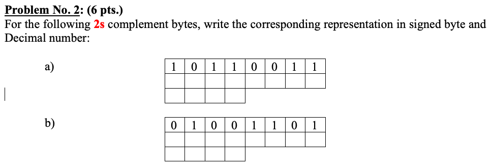  Problem No. 2: (6 pts.) For the following 2s complement bytes,