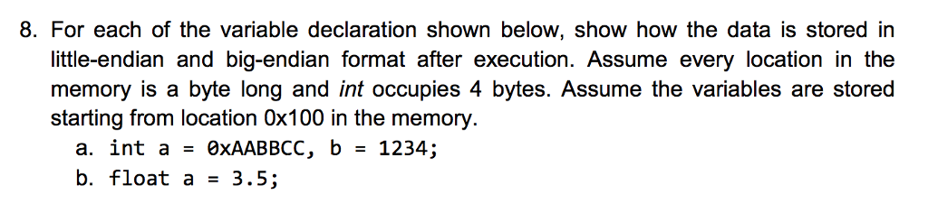 For each of the variable declaration shown below, show how the