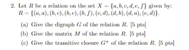  Let R be a relation on the set X={a,b,c,d,e,f} given by: