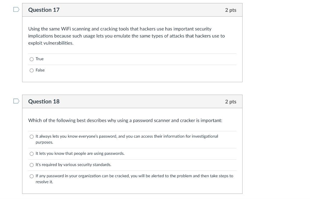 Question 17 2 pts Using the same WiFi scanning and cracking