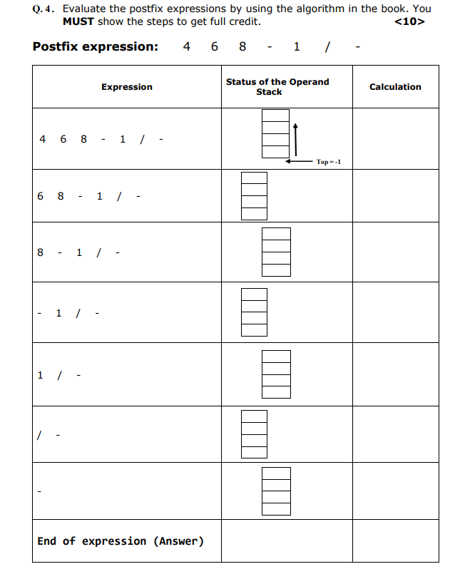  Q.4. Evaluate the postfix expressions by using the algorithm in the
