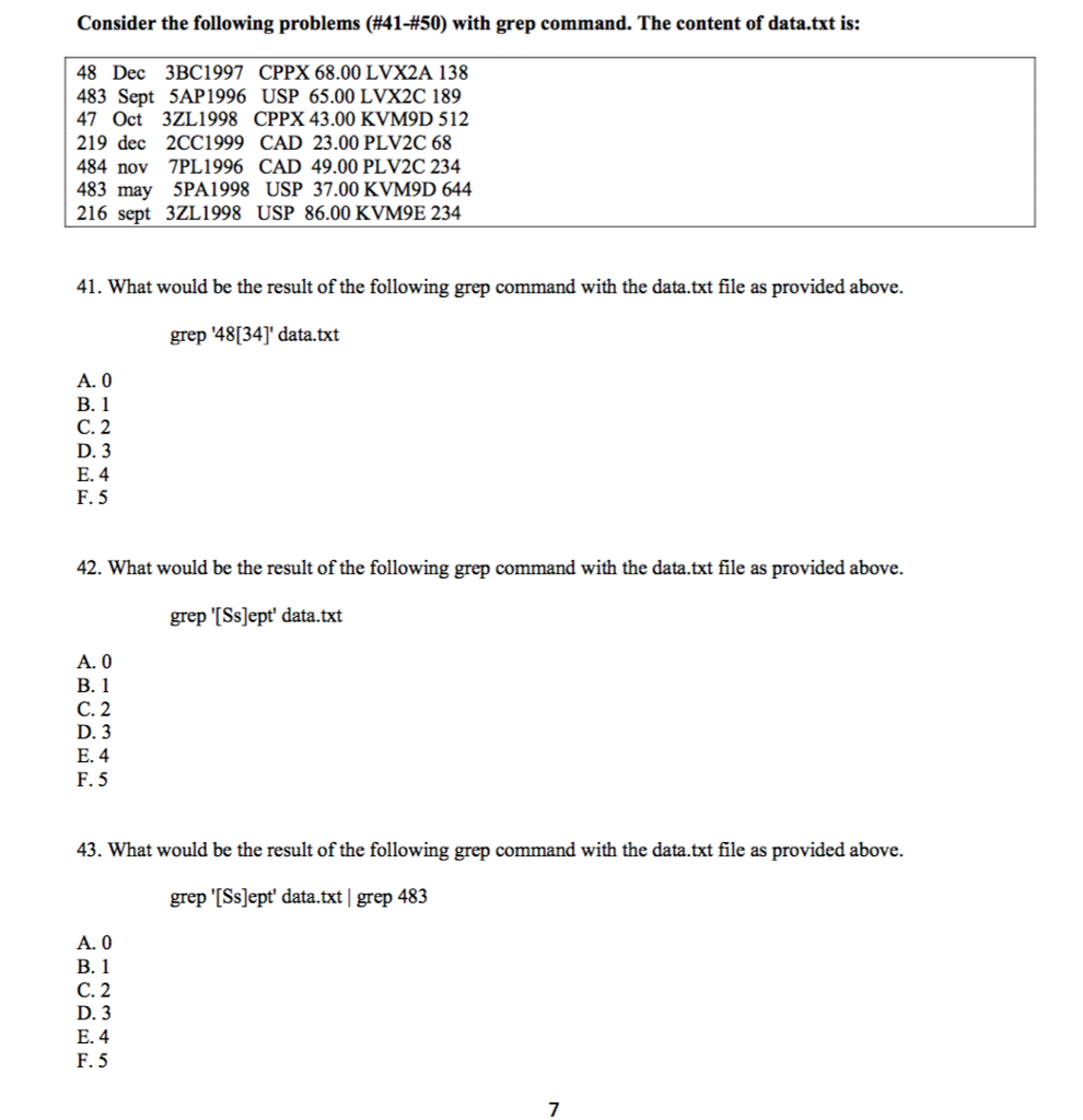  Consider the following problems (#41-#50) with grep command. The content of