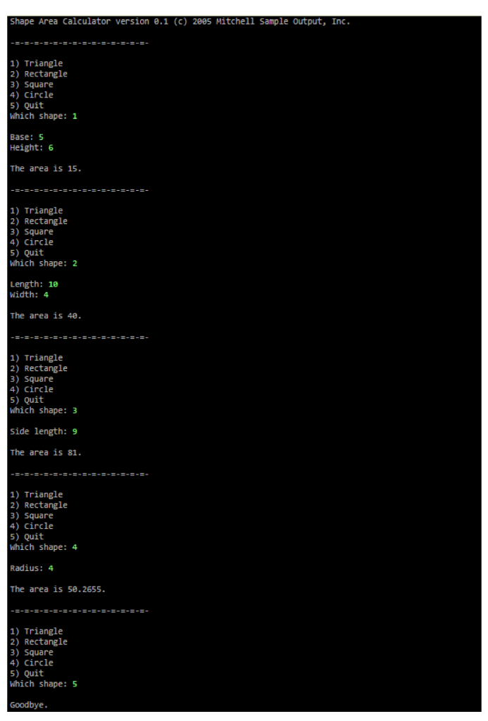 area of four different geometric shapes: triangles, squares, rectangles, and circles. You