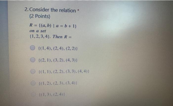  2. Consider the relation * (2 Points) R = {(a, b)
