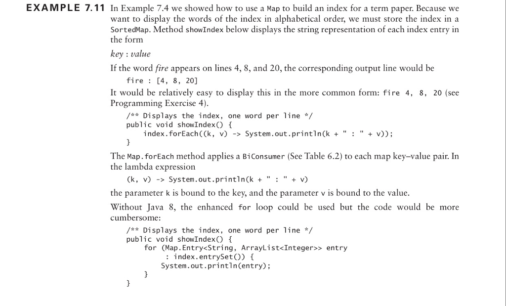 Java: Modify method showIndex so each output line displays a word followed