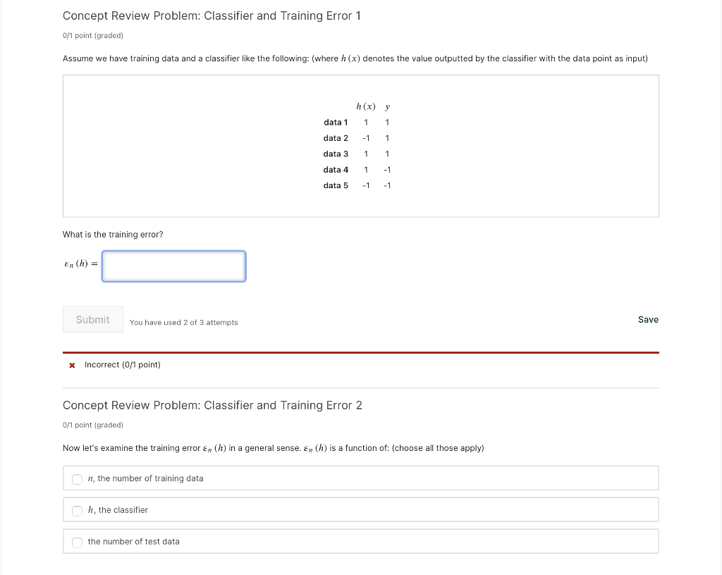 Concept Review Problem: Classifier and Training Error 1 0/1 point (graded)