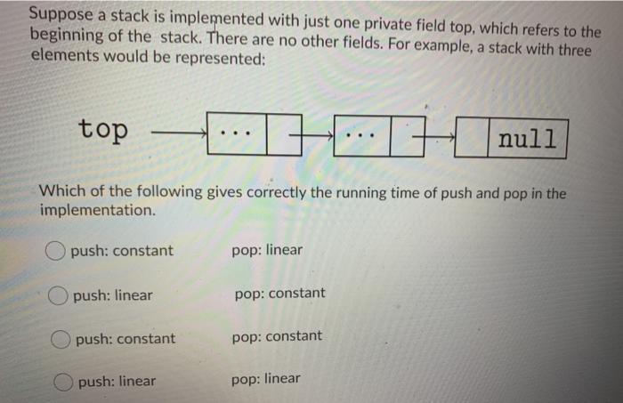  Suppose a stack is implemented with just one private field top,