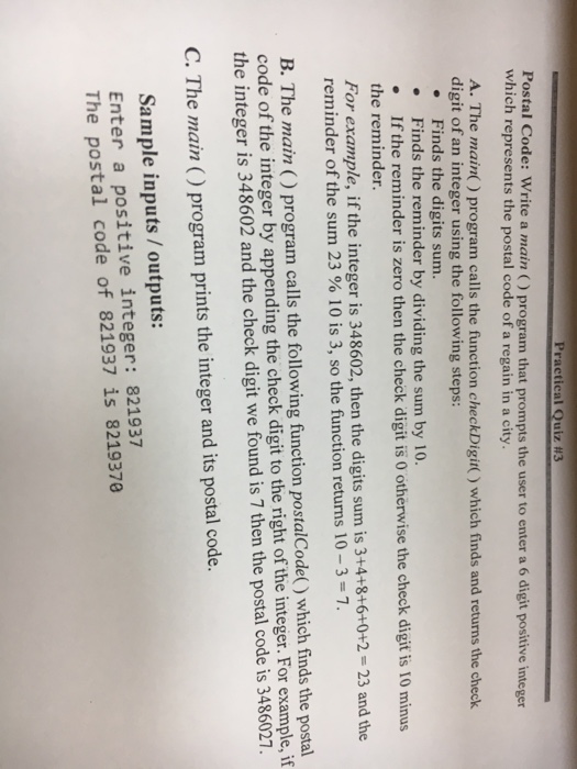  Postal Code: Write a main () program that prompts the user