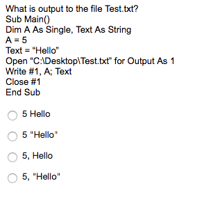 Visual Basic. 2) 3) 4) 5) What is output to the file