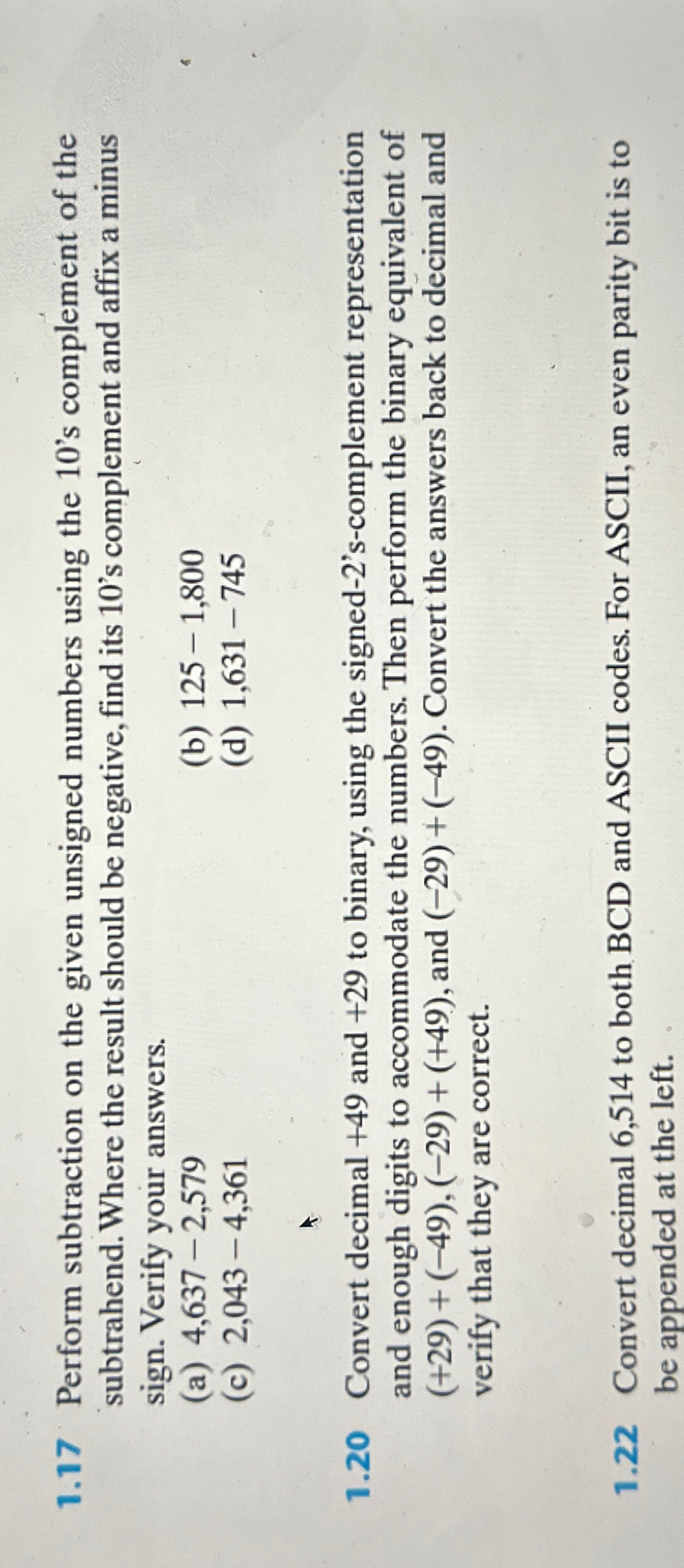  1.17 Perform subtraction on the given unsigned numbers using the 10's