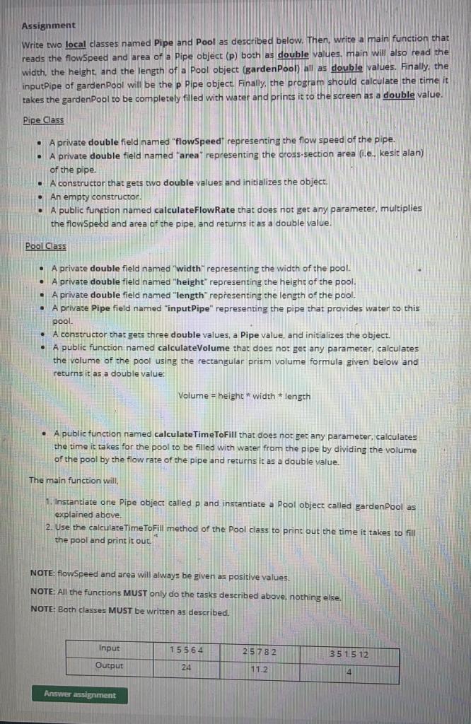C++ PLEASE THANKS Assignment Write two local classes named Pipe and Pool
