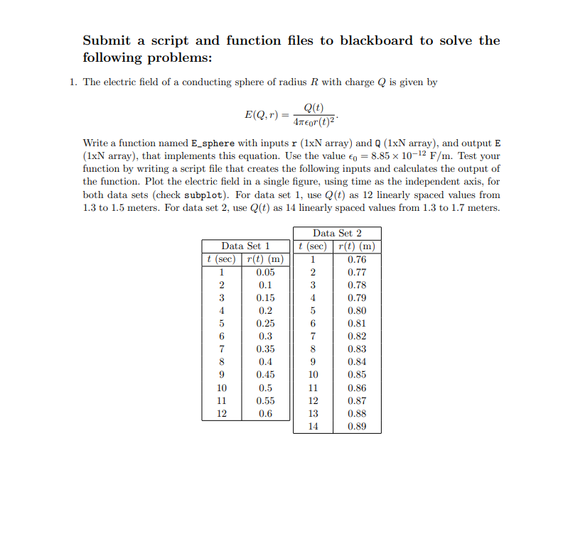  Submit a script and function files to blackboard to solve the