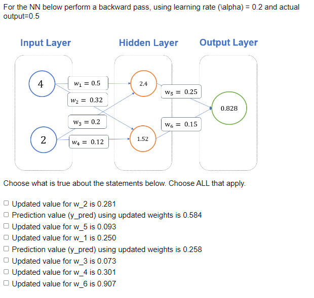  For the NN below perform a backward pass, using learning rate