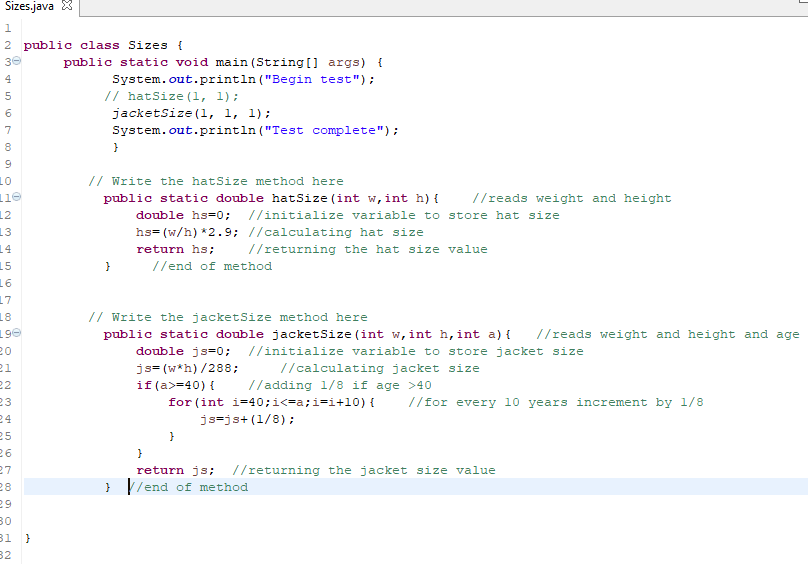 menu methods from the assignment and pasting them into the Sizes file,