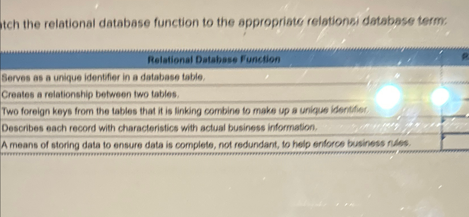  Itch the relational database function to the appropriati relationsi database term: