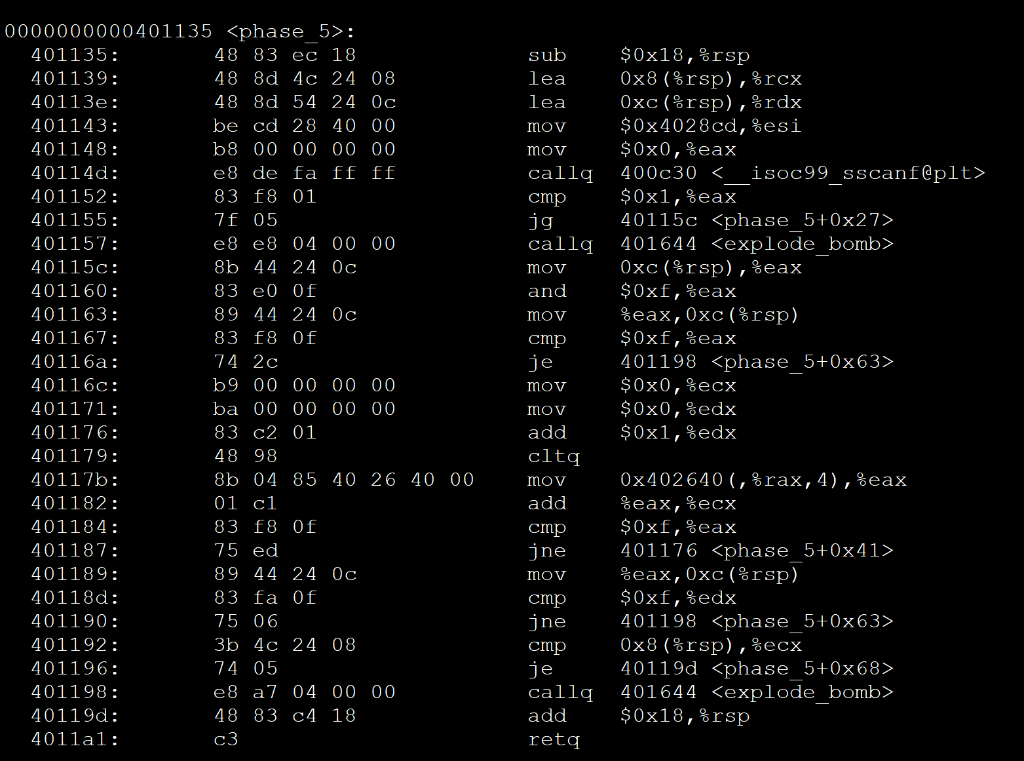  Need answer for programming c, binary bomb phase 5. sub lea