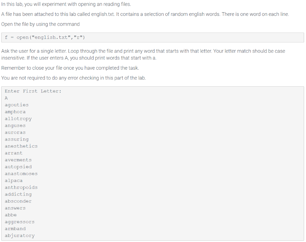 Python: A file has been attached to this lab called english.txt. It