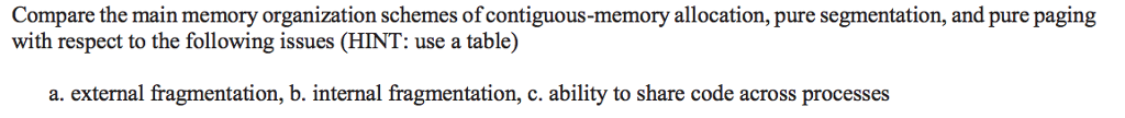  Compare the main memory organization schemes ofcontiguous-memory allocation, pure segmentation, and