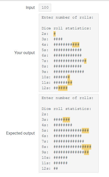 total number of times the dice rolls equals each possible value is