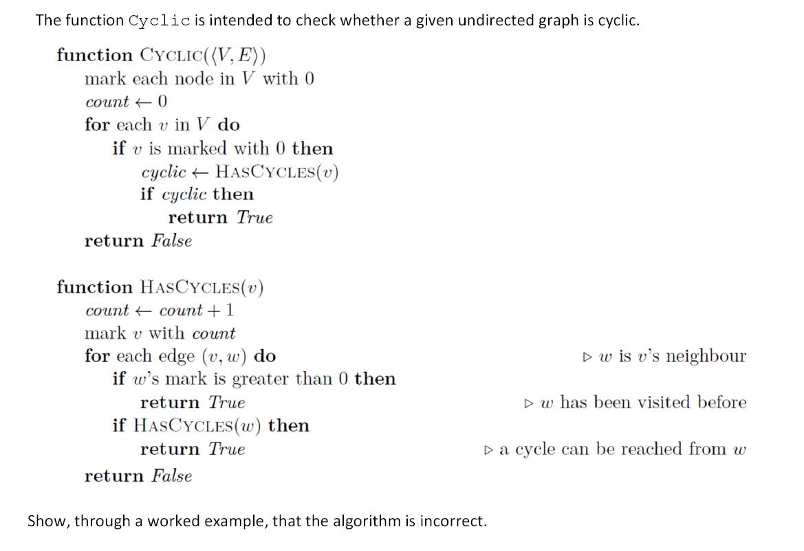  The function Cyclic is intended to check whether a given undirected