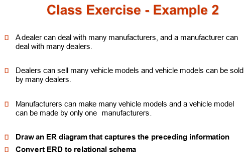  Class Exercise - Example 2 Adealer can deal with many manufacturers,