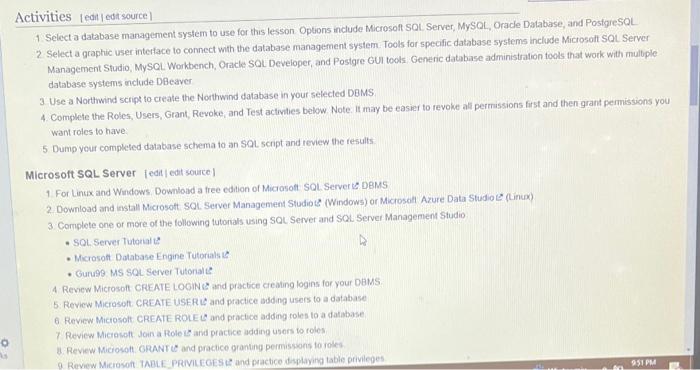 do activities Activities [edi |edt source] 1. Select a database management system