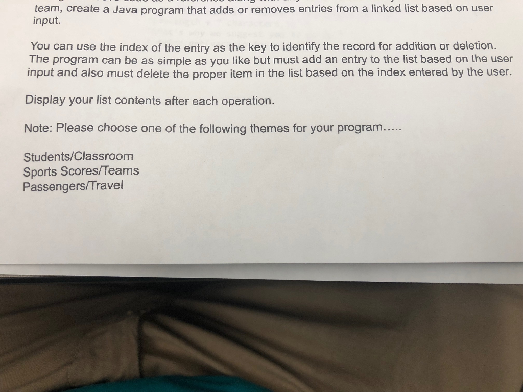 team, create a Java program that adds or removes entries from