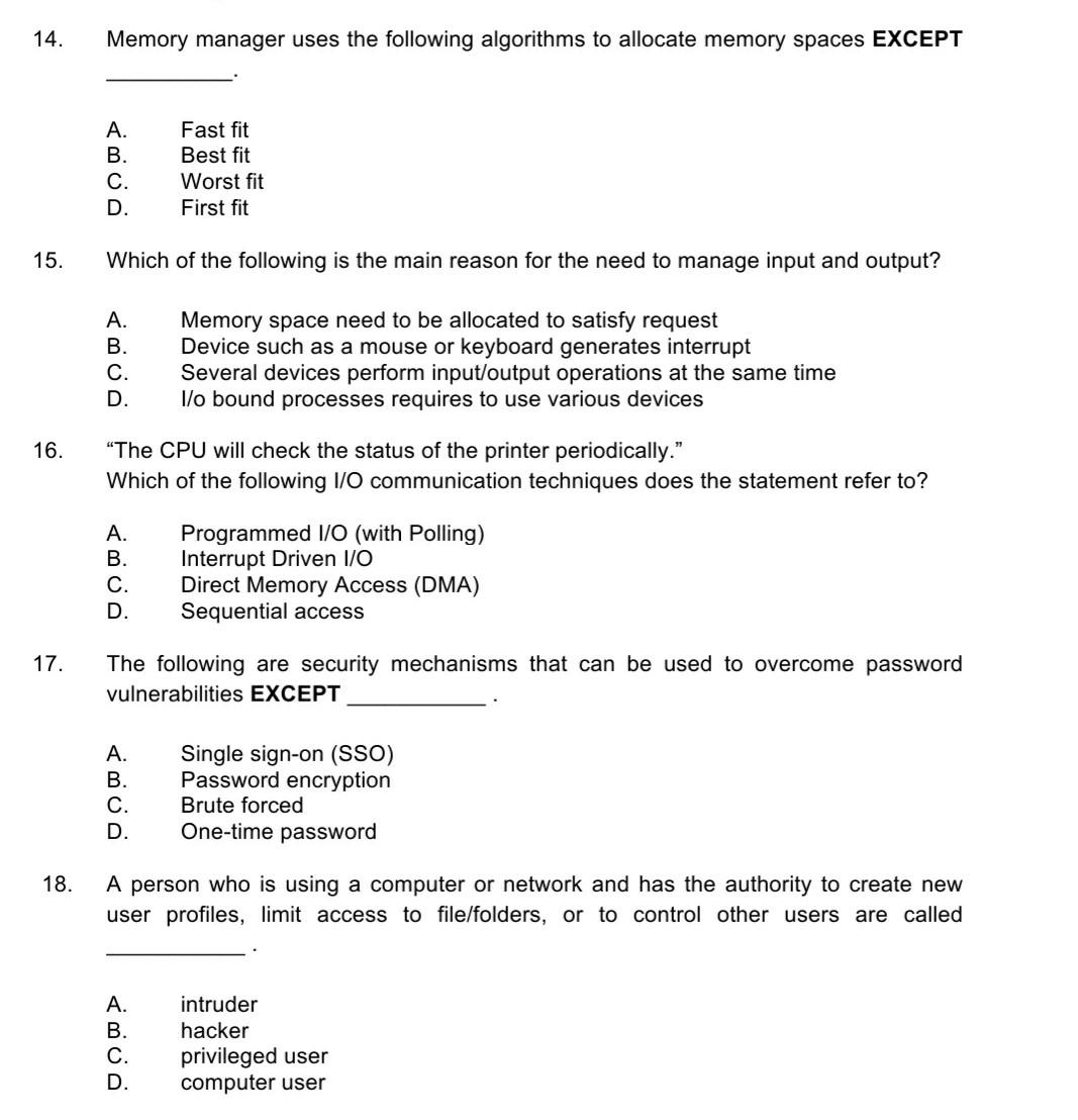  Anyone please answer this question?? 14. Memory manager uses the following