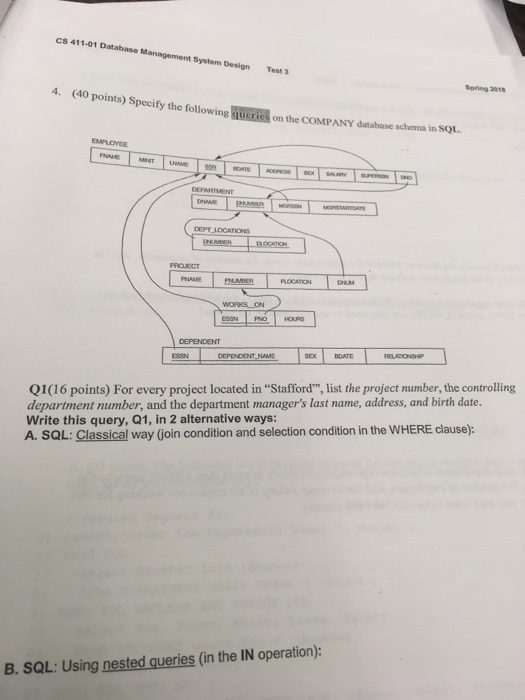  cs 411-01 Database Management System Design Test 3 Spring 2018 D